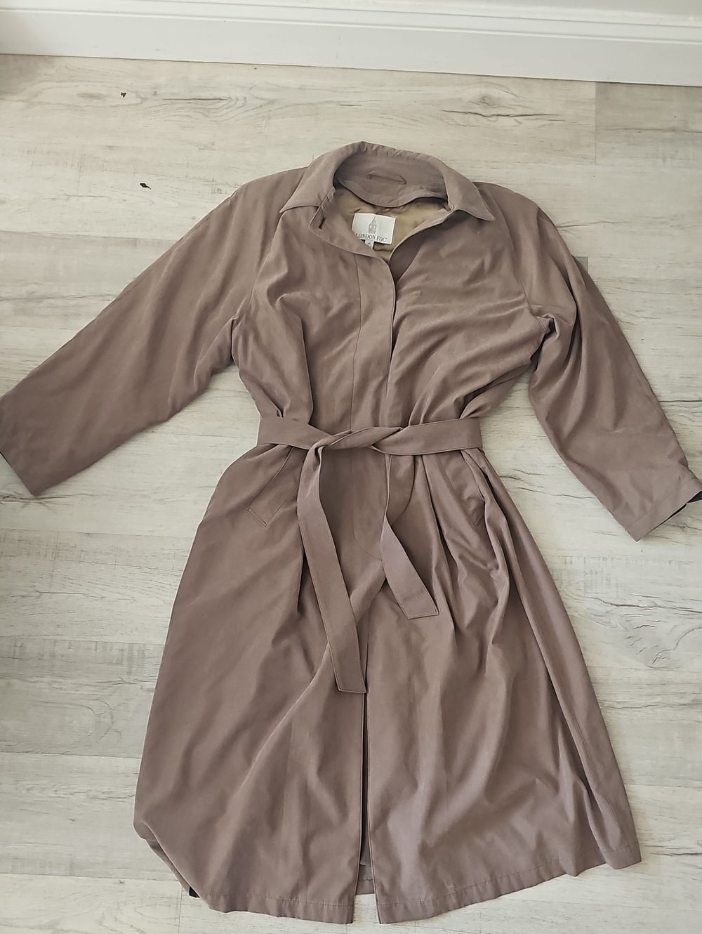 London Fog Taupe Belted Long-Sleeve Shirt Dress